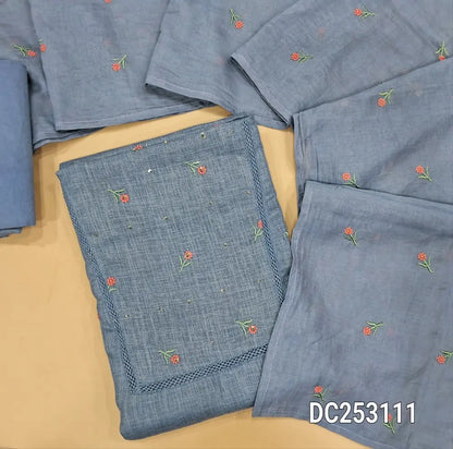 Powder Blue semi linen unstitched salwar material (lining needed) embroidery, sequins work on front, matching drum dyed cotton fabric provided for lining or bottom, embroidery work on soft fancy silk cotton dupatta. DC253111