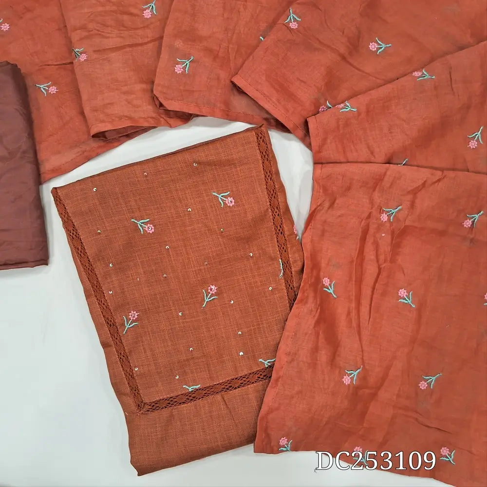 Rust Orange semi linen unstitched salwar material (lining needed) embroidery, sequins work on front, matching silky bottom, embroidery work on soft fancy silk cotton dupatta. DC253109