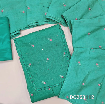 Turquoise Green semi linen unstitched salwar material (lining needed) embroidery, sequins work on front, matching silky bottom, embroidery work on soft fancy silk cotton dupatta. DC253112