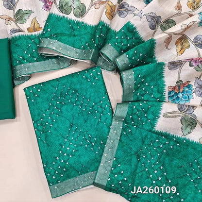 Digital printed dark Green silk cotton unstitched salwar material (lining needed) bandhini tie and dye on front, matching spun cotton bottom, digital floral printed silk cotton full length dupatta. JA260109