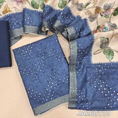 Digital printed dark Blue silk cotton unstitched salwar material (lining needed) bandhini tie and dye on front, matching spun cotton bottom, digital floral printed silk cotton full length dupatta. JA260110