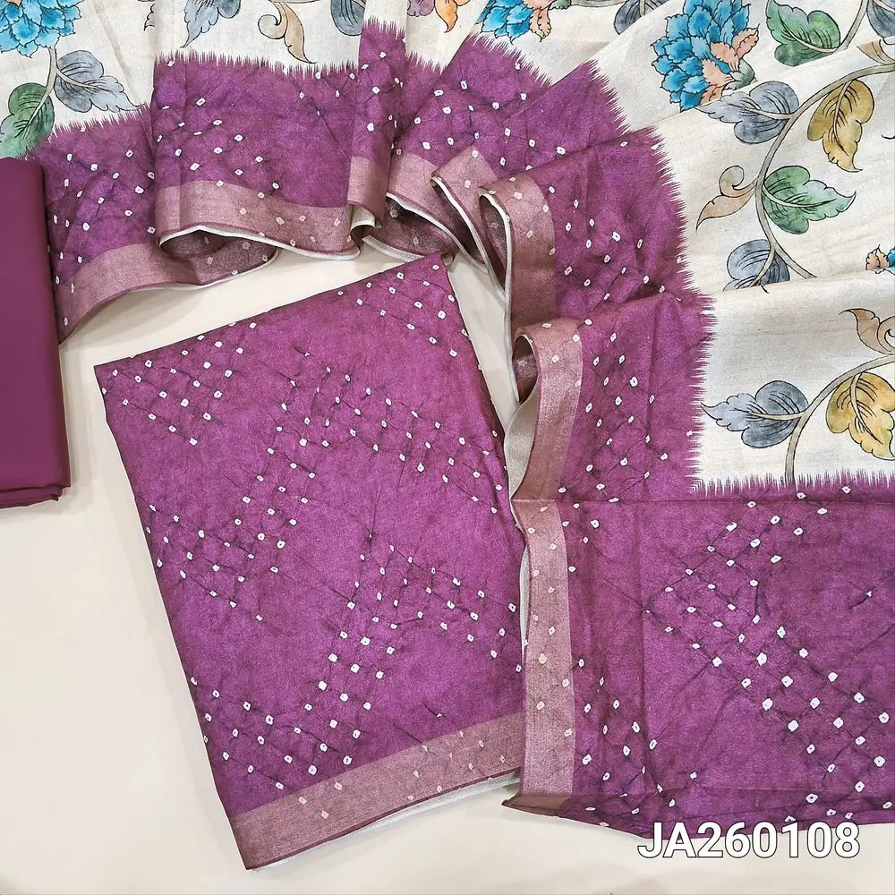 Digital printed beetroot Purple silk cotton unstitched salwar material (lining needed) bandhini tie and dye on front, matching spun cotton bottom, digital floral printed silk cotton full length dupatta. JA260108