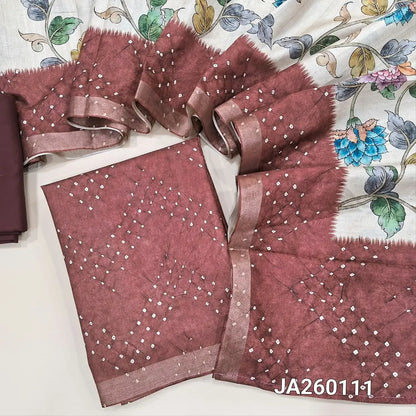 Digital printed Maroon silk cotton unstitched salwar material (lining needed) bandhini tie and dye on front, matching spun cotton bottom, digital floral printed silk cotton full length dupatta. JA260111