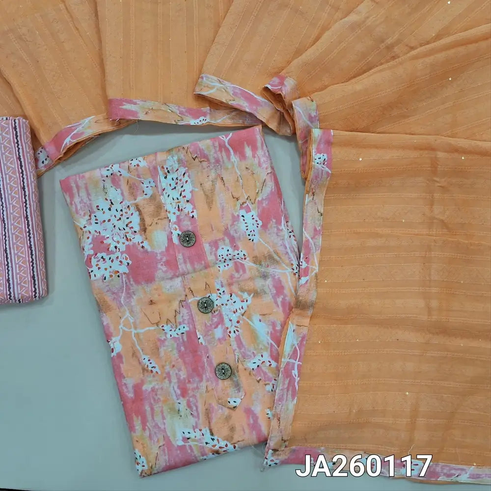 Abstract printed Peach & pink slub cotton unstitched salwar material (lining optional) wooden buttons on yoke, printed slub cotton bottom, thread & sequence work on jakard silk cotton dupatta with tapings. JA260117