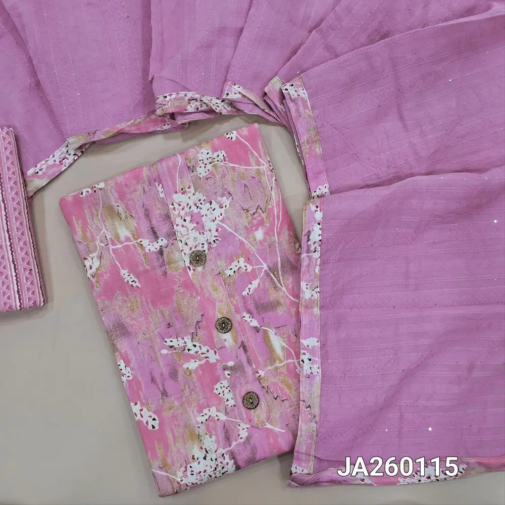 Abstract printed light Pink & lavender slub cotton unstitched salwar material (lining optional) wooden buttons on yoke, printed slub cotton bottom, thread & sequence work on jakard silk cotton dupatta with tapings. JA260115