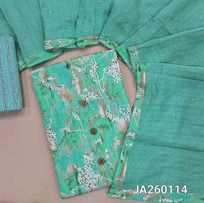 Abstract printed turquoise Blue slub cotton unstitched salwar material (lining optional) wooden buttons on yoke, printed slub cotton bottom, thread & sequence work on jakard silk cotton dupatta with tapings. JA260114