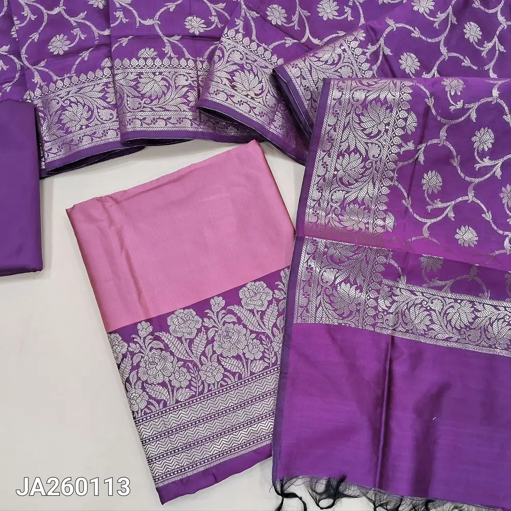 Designer Pink premium silk cotton unstitched salwar material (Lining needed) benarasi woven on daman, purple silk cotton bottom, benarasi woven silk cotton full length dupatta. JA260113 (WEAVING DESIGN MIGHT VARY)