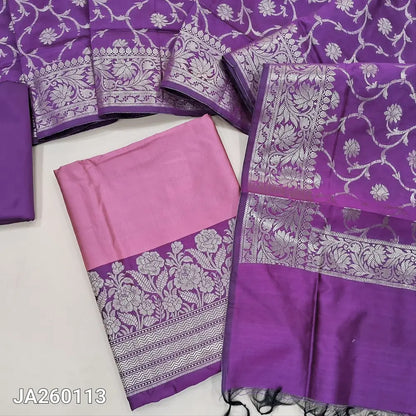 Designer Pink premium silk cotton unstitched salwar material (Lining needed) benarasi woven on daman, purple silk cotton bottom, benarasi woven silk cotton full length dupatta. JA260113 (WEAVING DESIGN MIGHT VARY)
