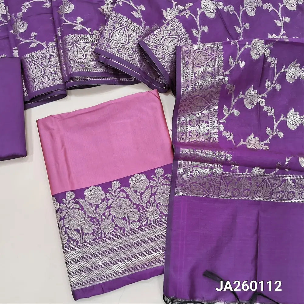 Designer Pink premium silk cotton unstitched salwar material (Lining needed) benarasi woven on daman, purple silk cotton bottom, benarasi woven silk cotton full length dupatta. JA260112 (WEAVING DESIGN MIGHT VARY)
