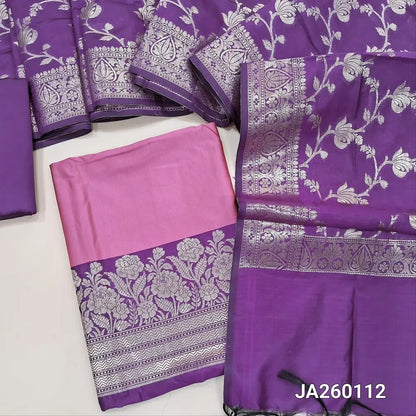 Designer Pink premium silk cotton unstitched salwar material (Lining needed) benarasi woven on daman, purple silk cotton bottom, benarasi woven silk cotton full length dupatta. JA260112 (WEAVING DESIGN MIGHT VARY)