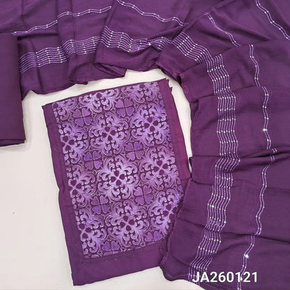 Premium dark Purple fancy silk unstitched salwar material (lining needed) applique work & zari detailing on yoke,  matching spun cotton bottom, sequins, zari lines on fancy chiffon dupatta. JA260121