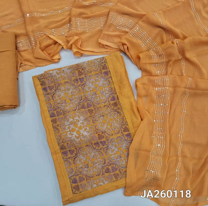 Premium mango Yellow fancy silk unstitched salwar material (lining needed) applique work & zari detailing on yoke,  matching spun cotton bottom, sequins, zari lines on fancy chiffon dupatta. JA260118