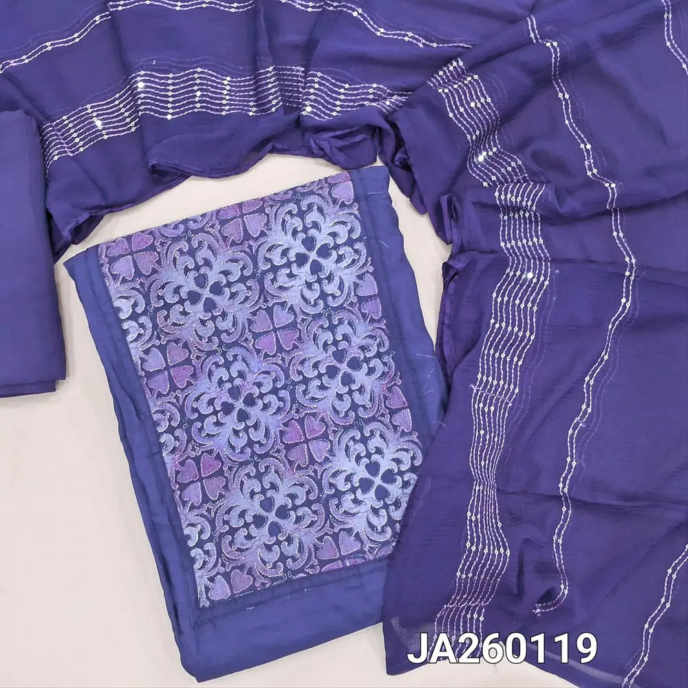 Premium dark Blue fancy silk unstitched salwar material (lining needed) applique work & zari detailing on yoke,  matching spun cotton bottom, sequins, zari lines on fancy chiffon dupatta. JA260119