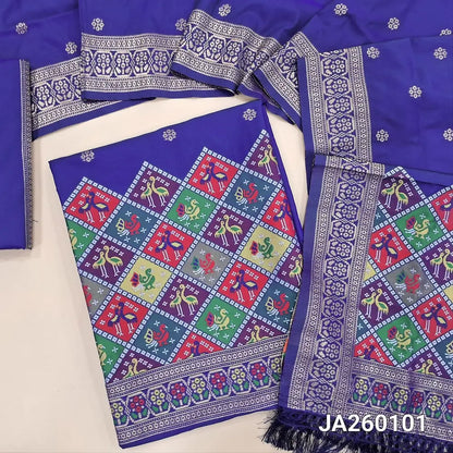 Designer royal Blue premium silk unstitched salwar material (lining needed) meenakari weaving patola design on daman, matching silk bottom with zari borders, premium silk full length dupatta with meenakari weaving design pallu. JA260101