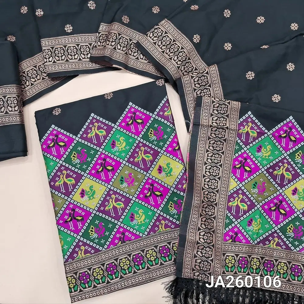 Designer Black premium silk unstitched salwar material (lining needed) meenakari weaving patola design on daman, matching silk bottom with zari borders, premium silk full length dupatta with meenakari weaving design pallu. JA260106
