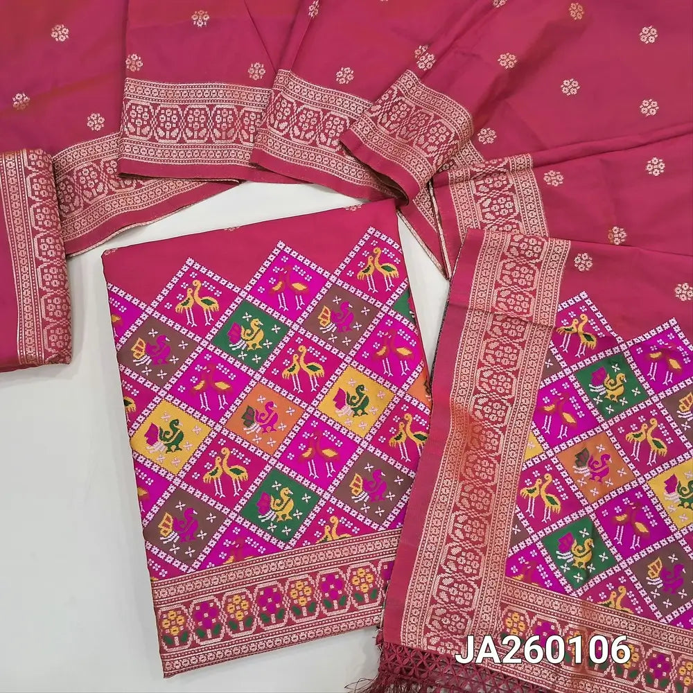 Designer bright Pink premium silk unstitched salwar material (lining needed) meenakari weaving patola design on daman, matching silk bottom with zari borders, premium silk full length dupatta with meenakari weaving design pallu. JA260107