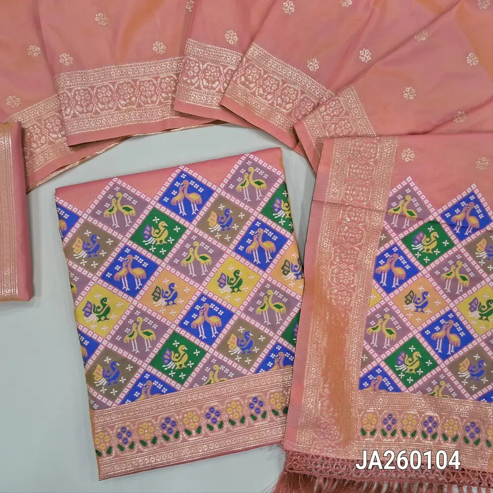 Designer peachish Pink premium silk unstitched salwar material (lining needed) meenakari weaving patola design on daman, matching silk bottom with zari borders, premium silk full length dupatta with meenakari weaving design pallu. JA260104