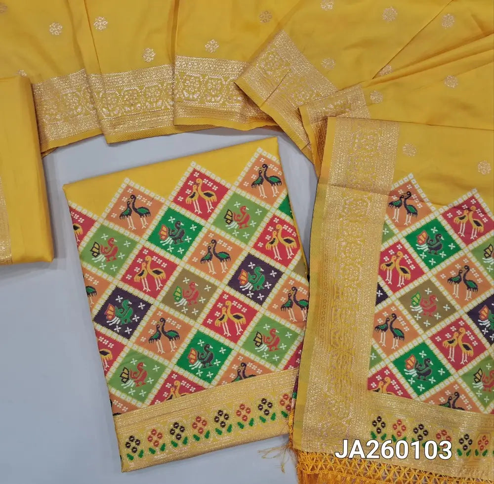 Designer lemon Yellow premium silk unstitched salwar material (lining needed) meenakari weaving patola design on daman, matching silk bottom with zari borders, premium silk full length dupatta with meenakari weaving design pallu. JA260103