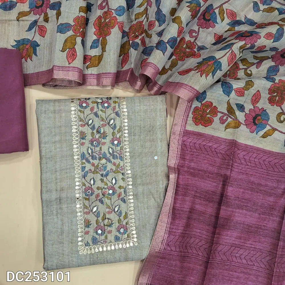 Designer light Grey premium silk cotton unstitched salwar material (lining needed) floral print, gota work on yoke, beetroot purple santoon bottom, floral printed premium silk cotton dupatta. DC253101