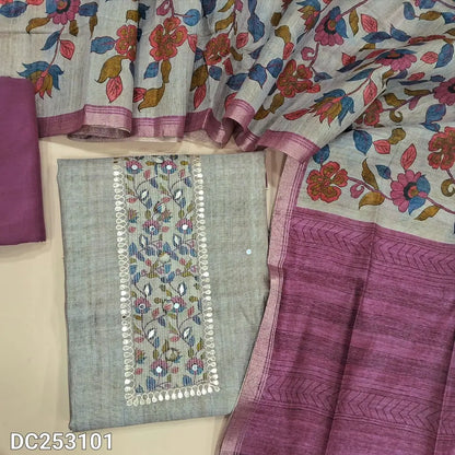 Designer light Grey premium silk cotton unstitched salwar material (lining needed) floral print, gota work on yoke, beetroot purple santoon bottom, floral printed premium silk cotton dupatta. DC253101