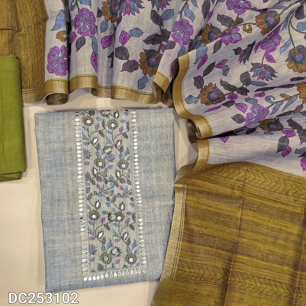 Designer light Grey premium silk cotton unstitched salwar material (lining needed) floral print, gota work on yoke, mehandhi green santoon bottom, floral printed premium silk cotton dupatta. DC253102