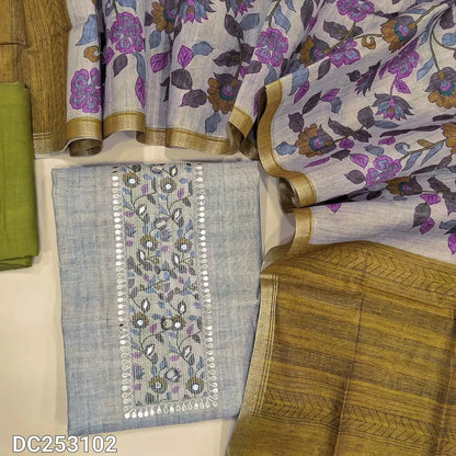 Designer light Grey premium silk cotton unstitched salwar material (lining needed) floral print, gota work on yoke, mehandhi green santoon bottom, floral printed premium silk cotton dupatta. DC253102