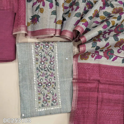 Designer light Grey premium silk cotton unstitched salwar material (lining needed) floral print, gota work on yoke, onion pink santoon bottom, floral printed premium silk cotton dupatta. DC253103