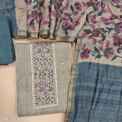 Designer light Grey premium silk cotton unstitched salwar material (lining needed) floral print, gota work on yoke, blueish grey santoon bottom, floral printed premium silk cotton dupatta. DC253104
