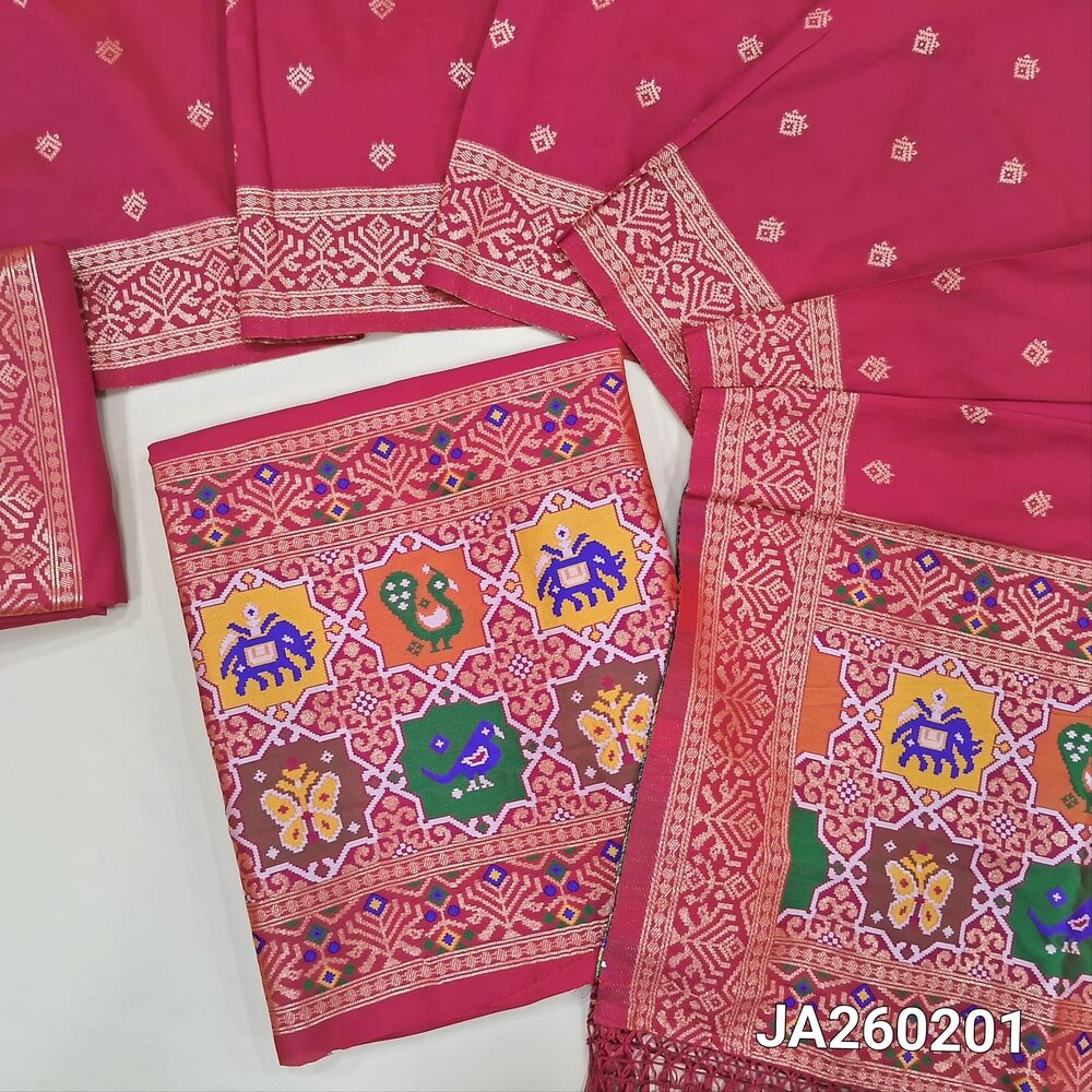 Designer dark pink premium silk unstitched salwar material (lining needed) meenakari weaving patola design on daman, matching silk bottom with zari borders, premium silk cotton full length dupatta with meenakari weaving design pallu. JA260201
