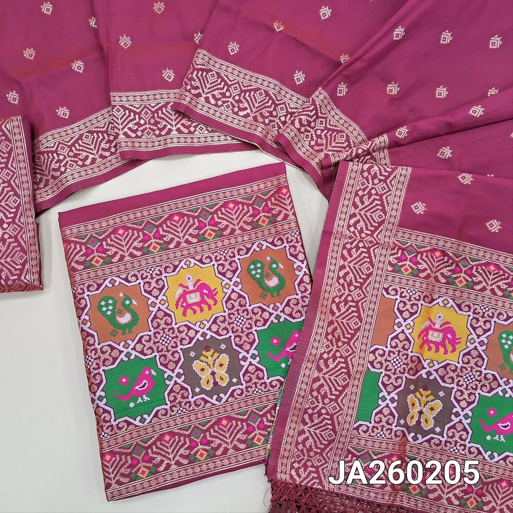 Designer magenta Pink premium silk unstitched salwar material (lining needed) meenakari weaving patola design on daman, matching silk bottom with zari borders, premium silk cotton full length dupatta with meenakari weaving design pallu. JA260205