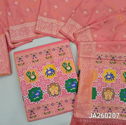 Designer Peachish Pink premium silk unstitched salwar material (lining needed) meenakari weaving patola design on daman, matching silk bottom with zari borders, premium silk cotton full length dupatta with meenakari weaving design pallu. JA260207
