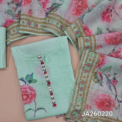Designer floral printed pastel Blue pure linen unstitched salwar material (texture, lining needed) bead, sequins, thread work on front, matching lining provided, NO BOTTOM, digital floral printed pure linen dupatta. JA260220