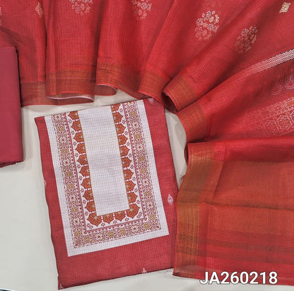 Printed reddish Orange kota silk cotton unstitched salwar material (texture, lining needed) printed on front, matching silky bottom, printed kota silk cotton dupatta. JA260218