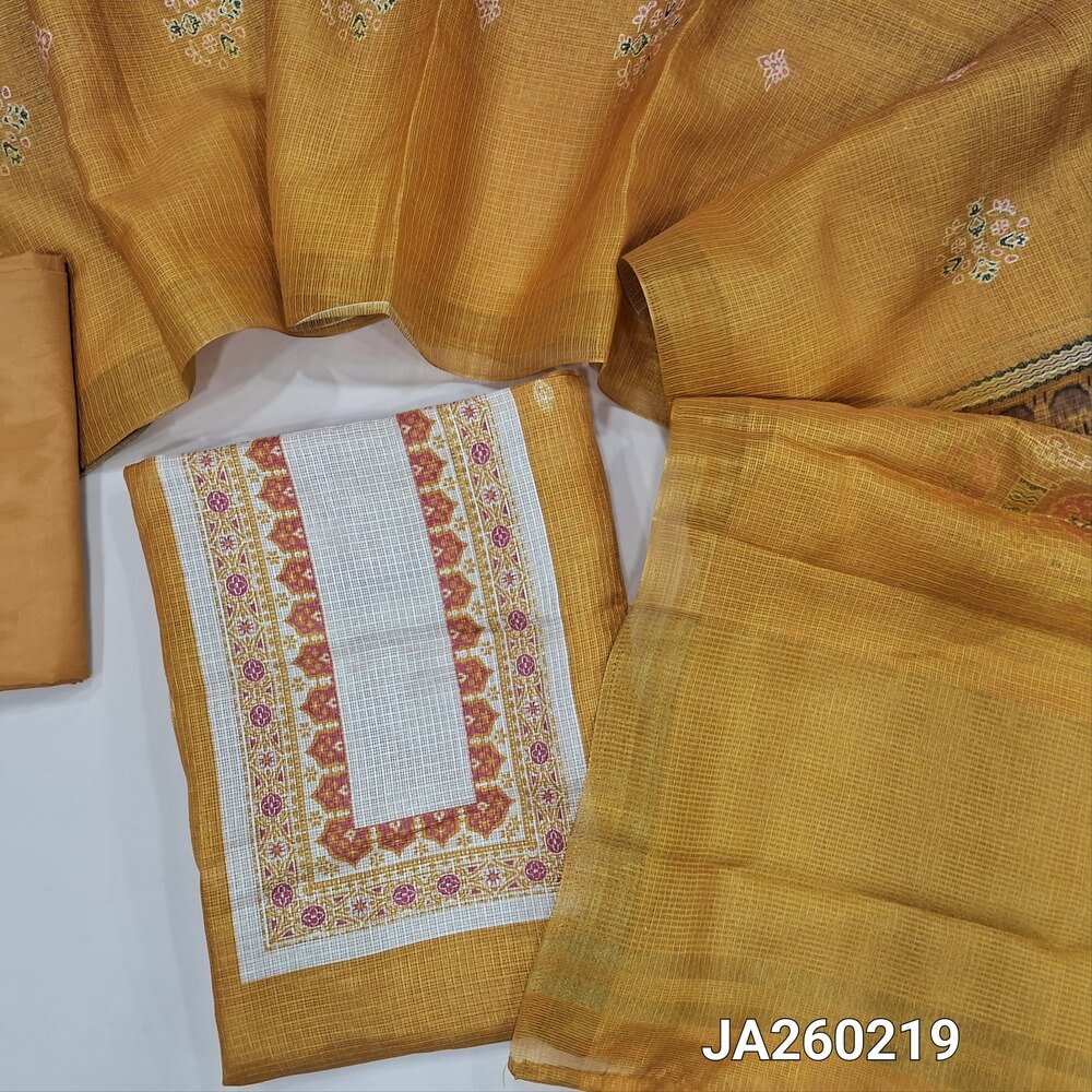 Printed mehandhi Yellow kota silk cotton unstitched salwar material (texture, lining needed) printed on front, matching silky bottom, printed kota silk cotton dupatta. JA260219