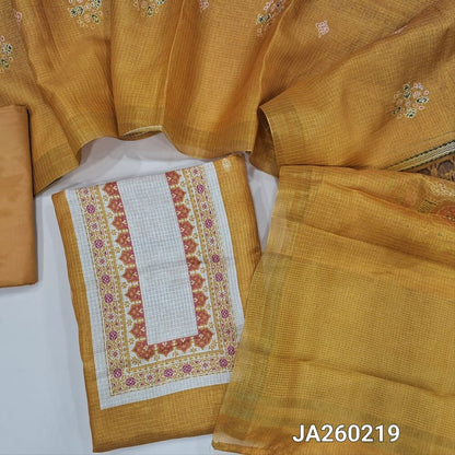 Printed mehandhi Yellow kota silk cotton unstitched salwar material (texture, lining needed) printed on front, matching silky bottom, printed kota silk cotton dupatta. JA260219