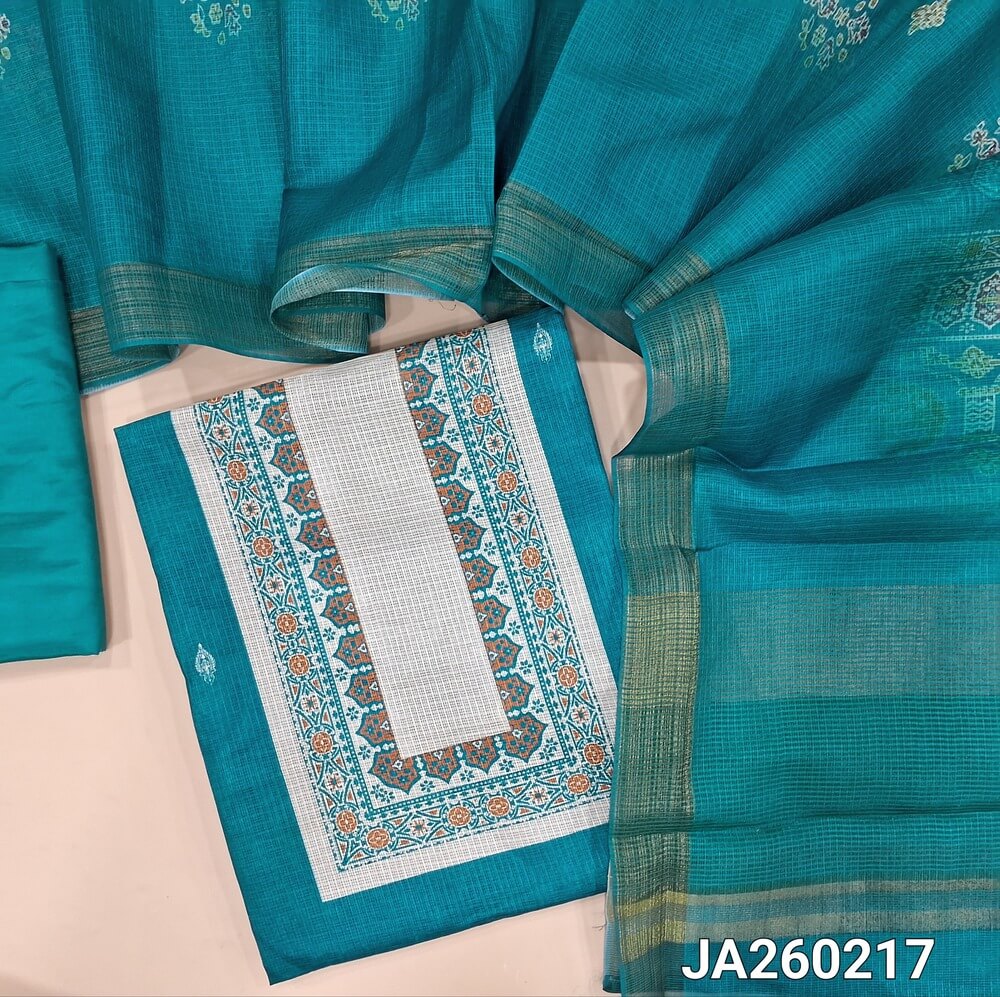 Printed turquoise Blue kota silk cotton unstitched salwar material (texture, lining needed) printed on front, matching silky bottom, printed kota silk cotton dupatta. JA260217