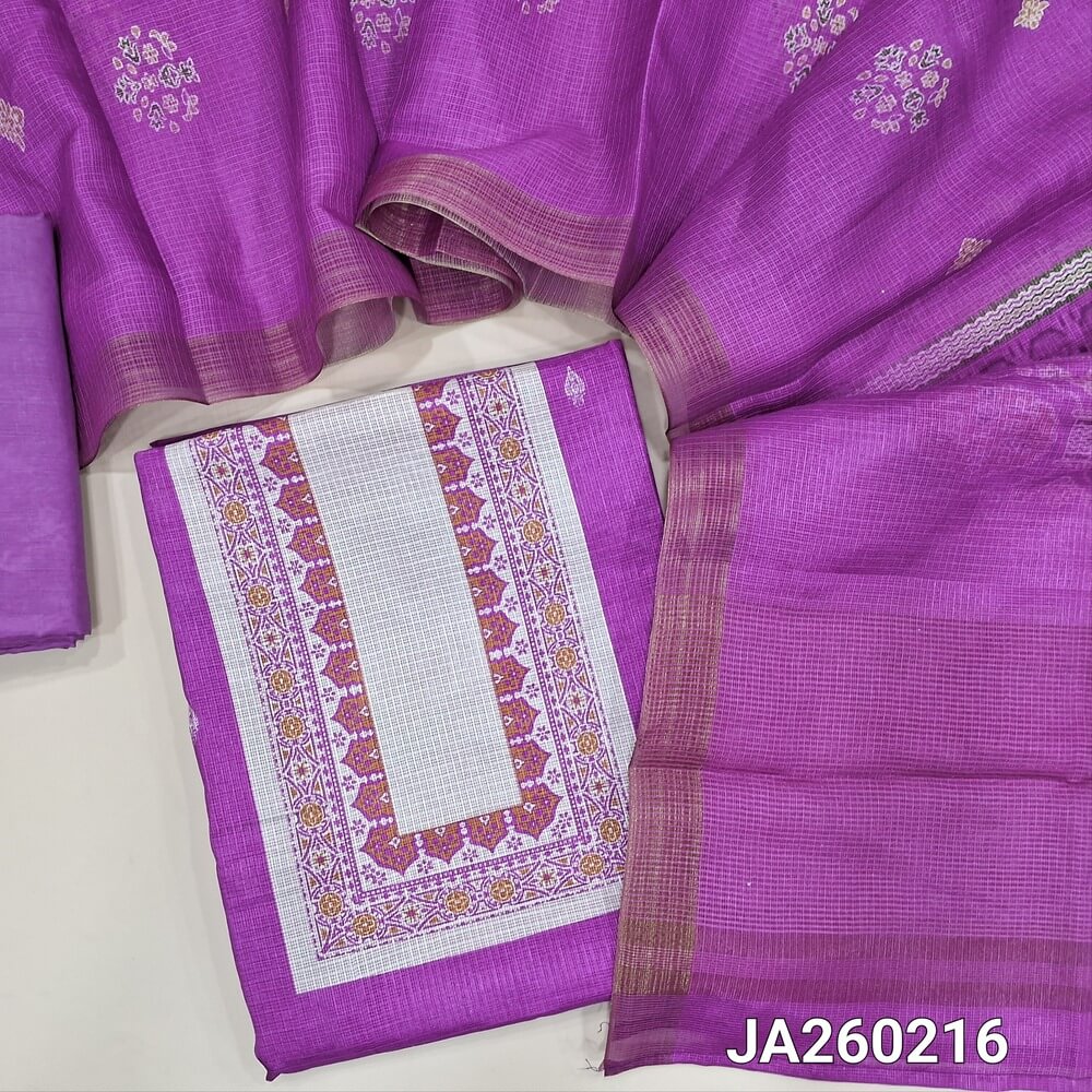 Printed Purple kota silk cotton unstitched salwar material (texture, lining needed) printed on front, matching silky bottom, printed kota silk cotton dupatta. JA260216