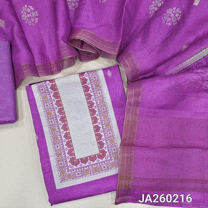 Printed Purple kota silk cotton unstitched salwar material (texture, lining needed) printed on front, matching silky bottom, printed kota silk cotton dupatta. JA260216
