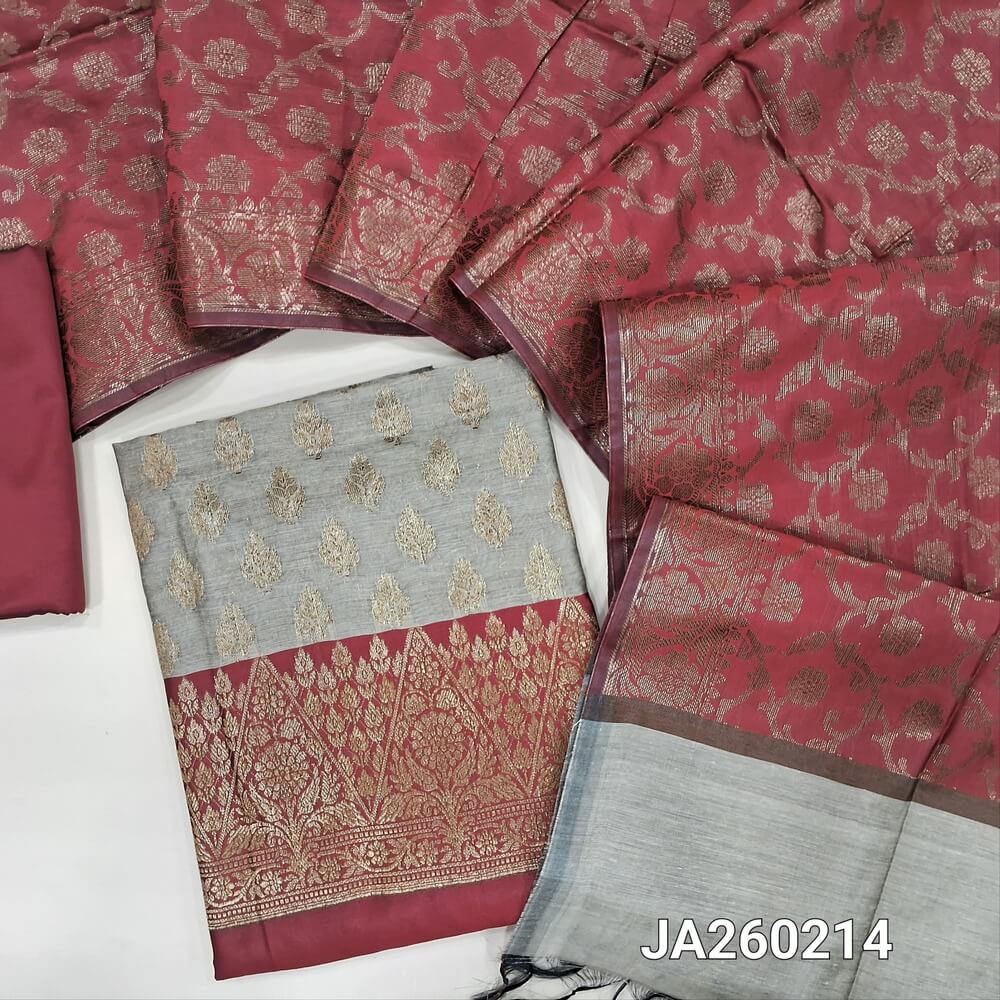 Light Grey with Maroon benarasi silk cotton unstitched salwar material, rich antique zari weaving all over (Lining Needed) maroon silk cotton Bottom, Benarasi Zari Woven Dual Shaded Dupatta. JA260213