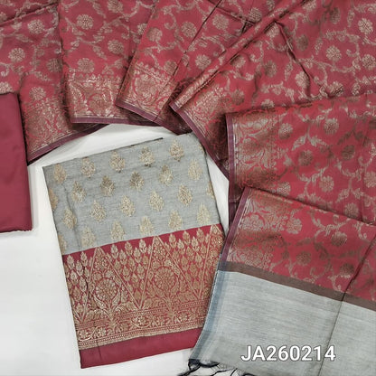 Light Grey with Maroon benarasi silk cotton unstitched salwar material, rich antique zari weaving all over (Lining Needed) maroon silk cotton Bottom, Benarasi Zari Woven Dual Shaded Dupatta. JA260213