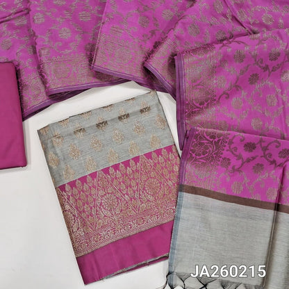 Light Grey with rani pink benarasi silk cotton unstitched salwar material, rich antique zari weaving all over (Lining Needed) rani pink silk cotton Bottom, Benarasi Zari Woven Dual Shaded Dupatta. JA260215