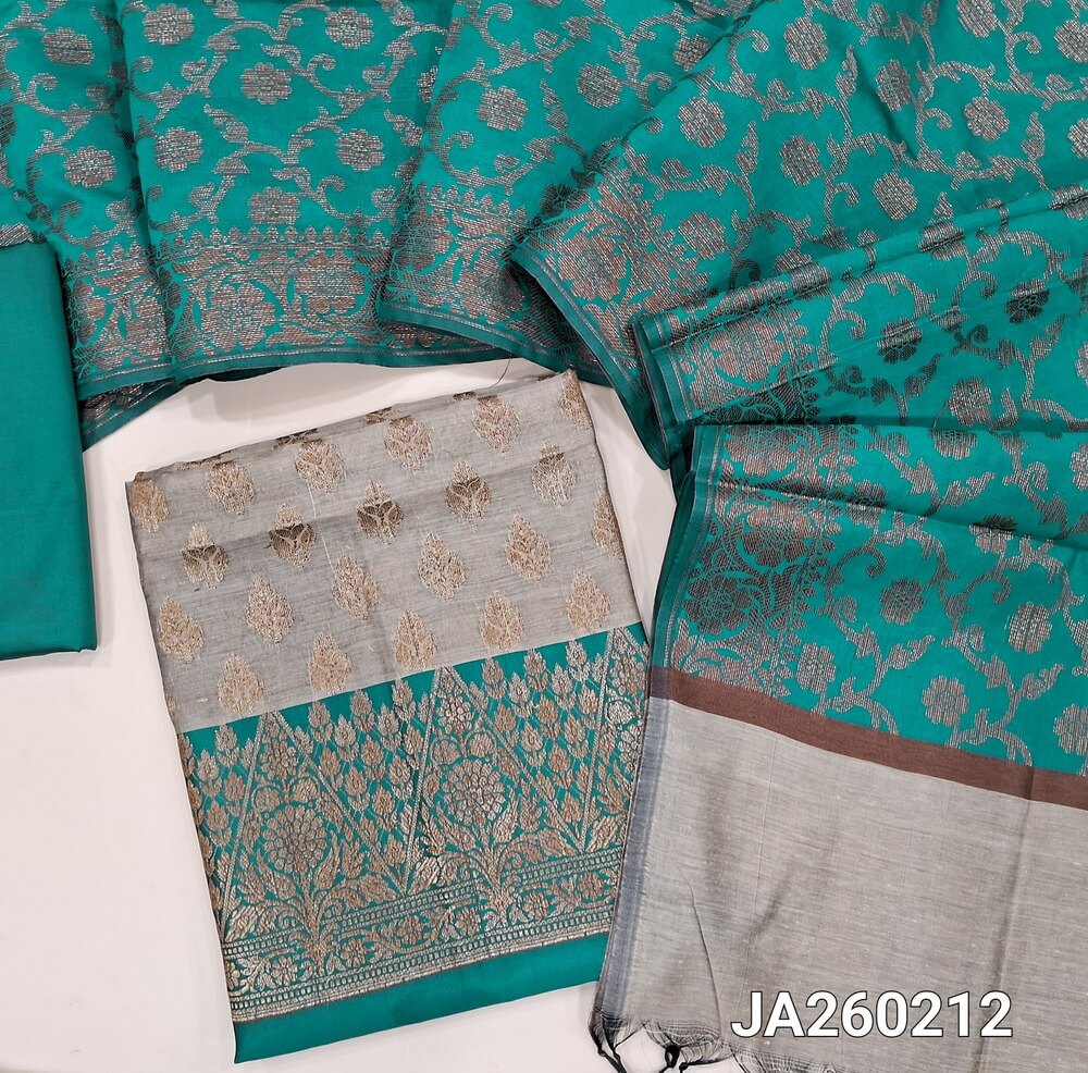 Light Grey with teal green benarasi silk cotton unstitched salwar material, rich antique zari weaving all over (Lining Needed) teal green silk cotton Bottom, Benarasi Zari Woven Dual Shaded Dupatta. JA260212