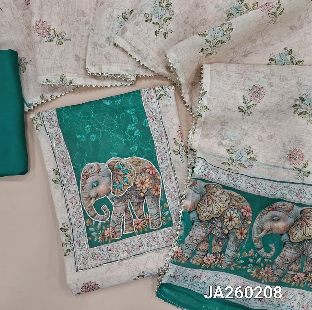Floral printed half White semi linen unstitched salwar material (lining needed) zari, real mirror, elephant print on yoke, teal green spun cotton bottom, floral printed semi linen dupatta with elephant pallu, JA260208