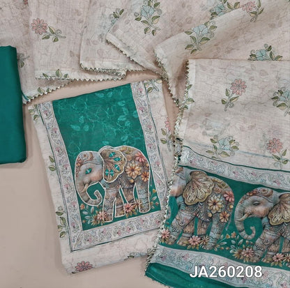 Floral printed half White semi linen unstitched salwar material (lining needed) zari, real mirror, elephant print on yoke, teal green spun cotton bottom, floral printed semi linen dupatta with elephant pallu, JA260208
