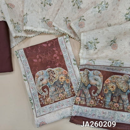 Floral printed half White semi linen unstitched salwar material (lining needed) zari ,real mirror, elephant print on yoke, dark maroon spun cotton bottom, floral printed semi linen dupatta with elephant pallu, JA260209