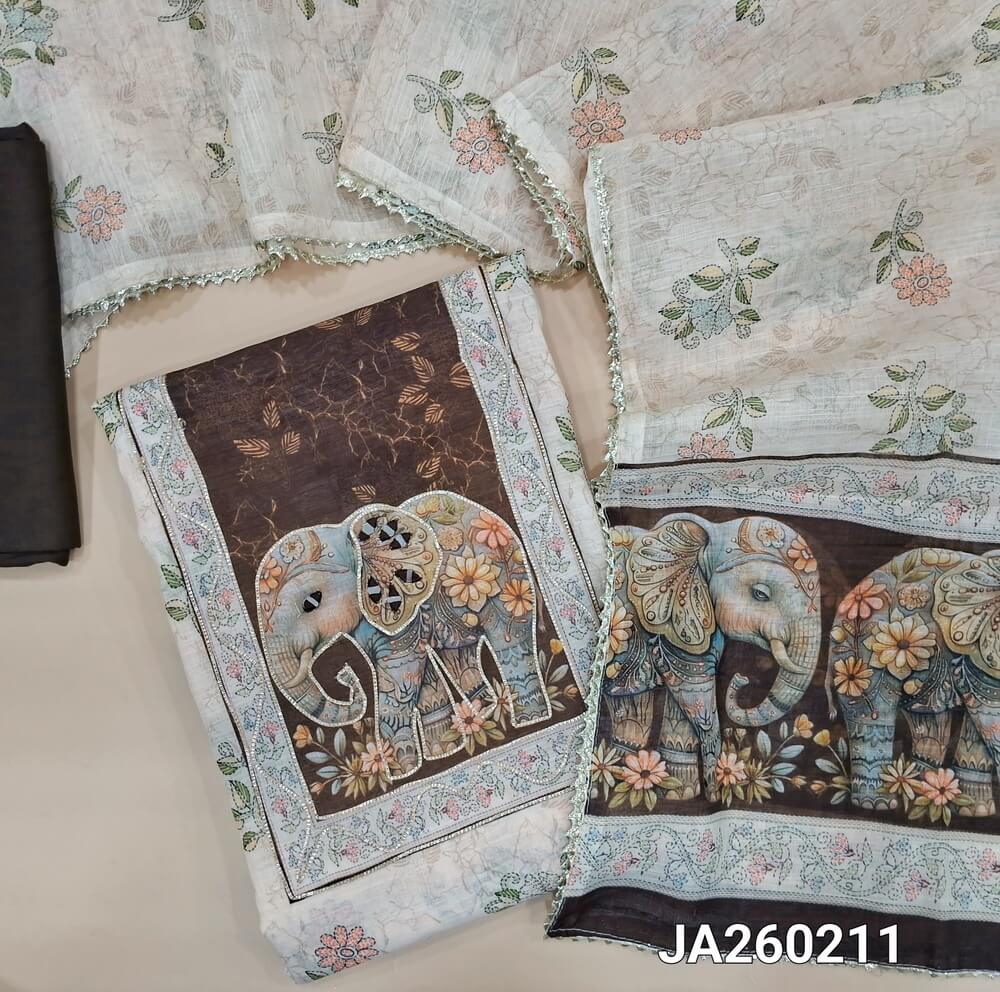 Floral printed half White semi linen unstitched salwar material (lining needed) zari . real mirror, elephant print on yoke, dark brown spun cotton bottom,  floral printed semi linen dupatta with elephant pallu, JA260211