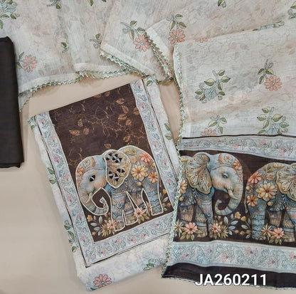 Floral printed half White semi linen unstitched salwar material (lining needed) zari . real mirror, elephant print on yoke, dark brown spun cotton bottom,  floral printed semi linen dupatta with elephant pallu, JA260211