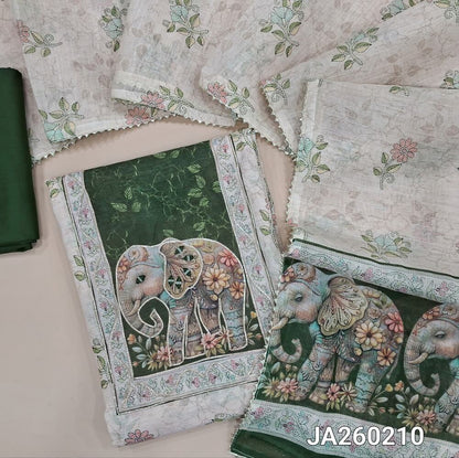 Floral printed half White semi linen unstitched salwar material (lining needed) zari ,real mirror, elephant print on yoke, dark green spun cotton bottom,  floral printed semi linen dupatta with elephant pallu, JA260210