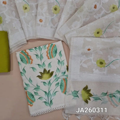 Designer half White kota silk cotton unstitched salwar material (lining needed) floral brush paint work on front, green silk cotton bottom,  embroidery, brush paint work on jakard kota silk cotton dupatta. JA260311