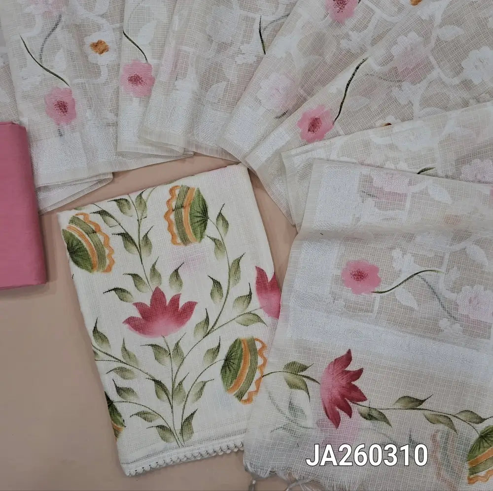 Designer half White kota silk cotton unstitched salwar material (lining needed) floral brush paint work on front, pink silk cotton bottom, embroidery, brush paint work on jakard kota silk cotton dupatta. JA260310